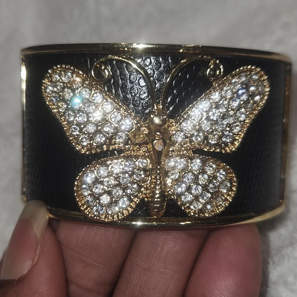 Gold Tone Rhinestone‎ Butterfly Black Faux Leather Inlay Hinge Cuff Bracelet